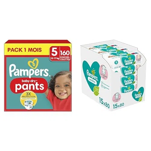 Pampers Baby-Dry Pants, Taille 5, 160 Couches-Culottes, 12-17kg, Pack 1 Mois + Pampers Sensitive, 1200 Lingettes pour Bébé (15x80), Sans Alcool ni Parfum, Certifié OEKO-TEX