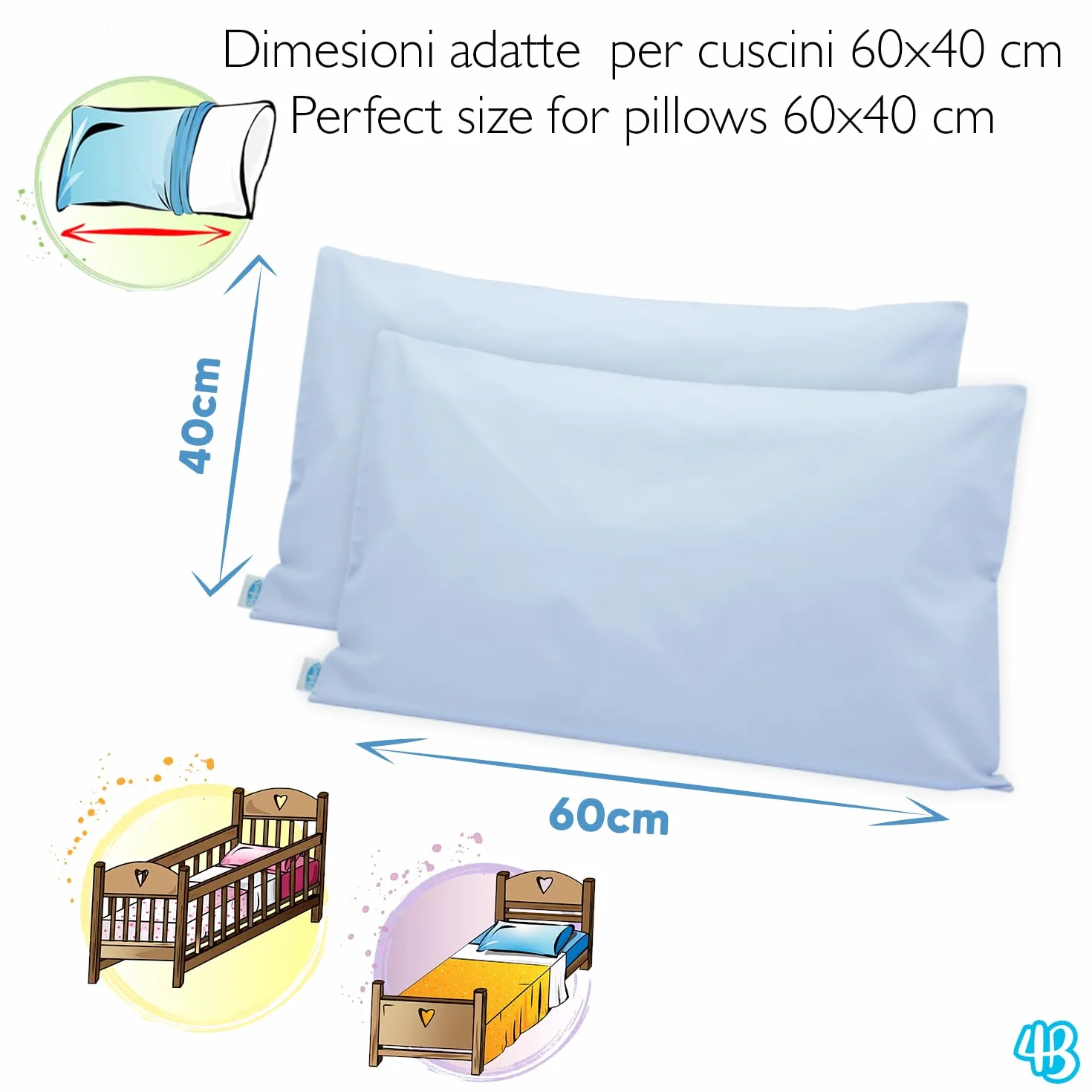 Taie d'oreiller 60x40 cm pour Enfant - Lot de 2 taies d'oreiller pour lit bébé et lit 100% Pur Coton - Made in Italy - Fermeture à enveloppe - Certifié Oeko-TEX - Bleu Clair