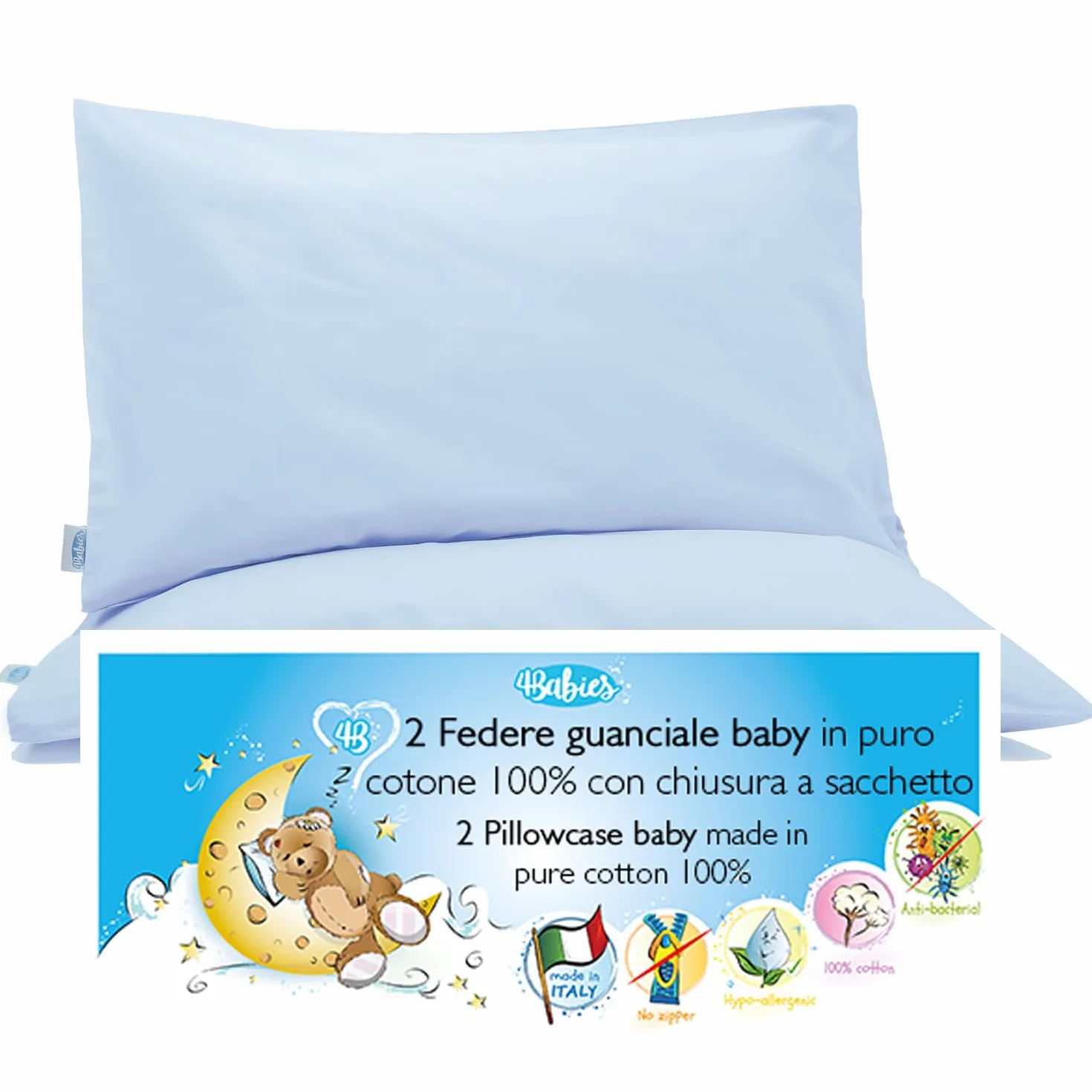Taie d'oreiller 60x40 cm pour Enfant - Lot de 2 taies d'oreiller pour lit bébé et lit 100% Pur Coton - Made in Italy - Fermeture à enveloppe - Certifié Oeko-TEX - Bleu Clair