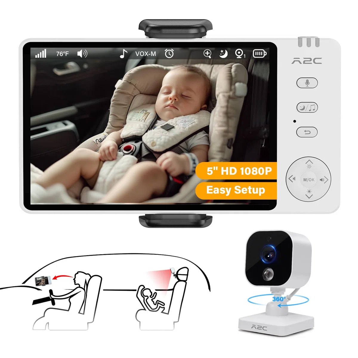 A2C - Caméra de voiture pour bébé, 5 pouces HD 1080P Babyphone avec vision nocturne et mode VOX, moniteur de siège arrière pour siège arrière et maison, portée de 304,8 m