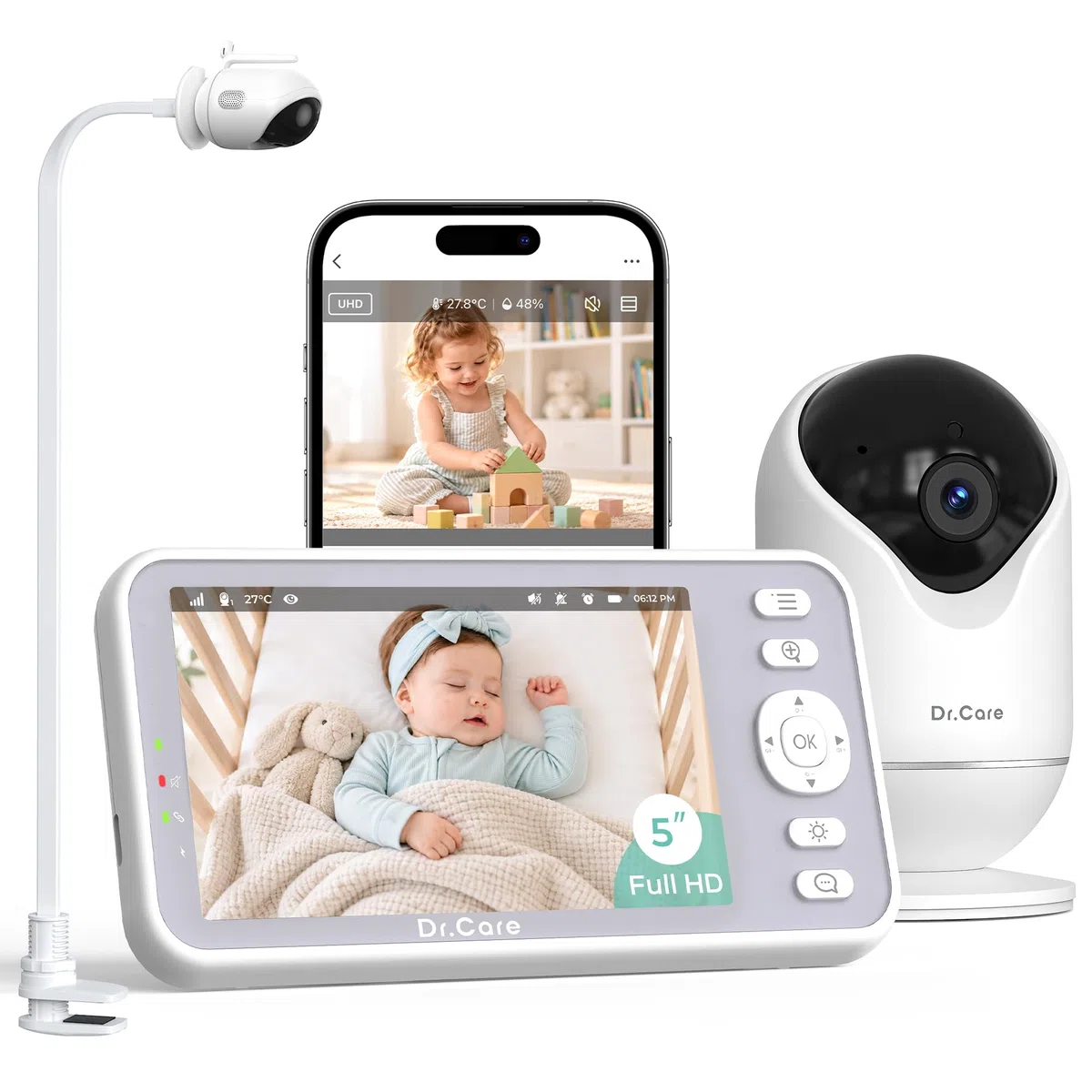 Dr.Care Babyphone Camera WiFi 1080p, 5", Alertes Mouvement, Support à Pince