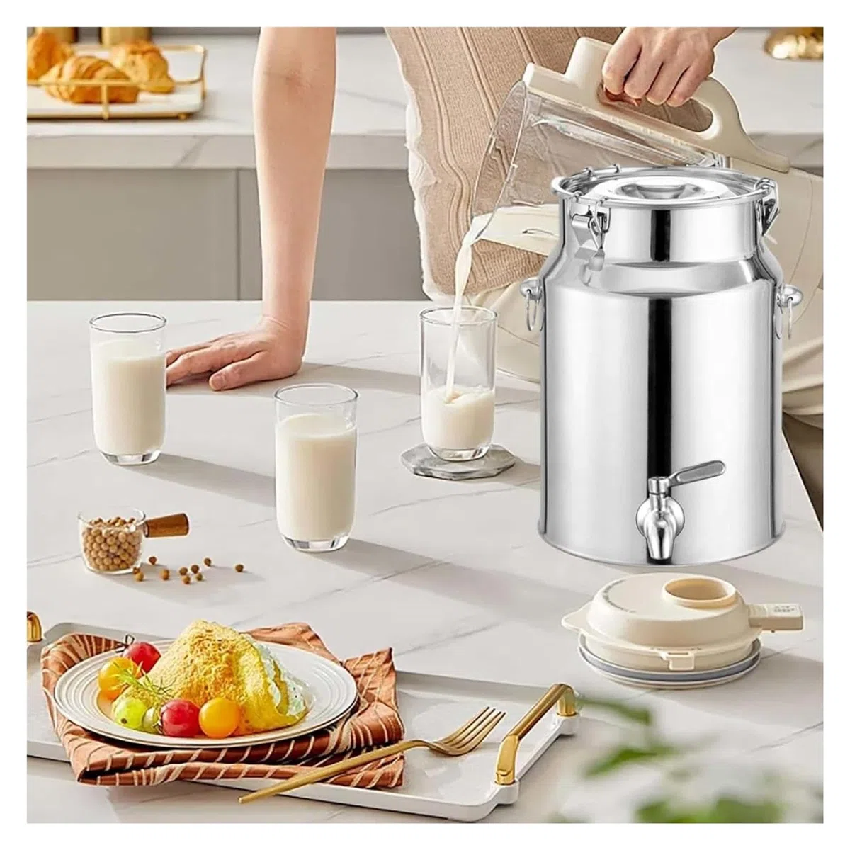 Inless Boîte à lait en acier 18 l avec robinet scellé Seau de transport pour lait et beves Idéal pour l'extérieur et la maison