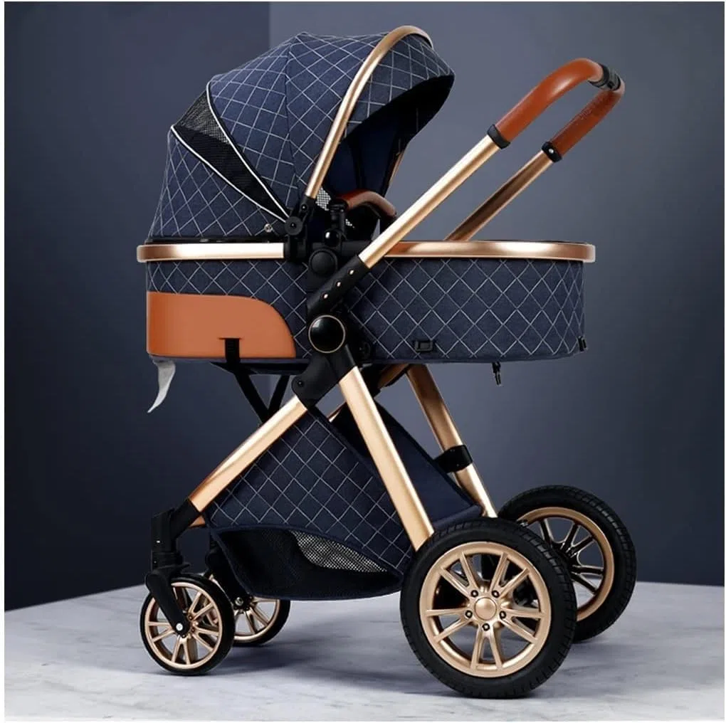 Baby Stroller Carriage for Newborn, 2 in 1 Adjustable High View Baby Pram Stroller Upgraded Infant Pushchair Toddler Strollers with Rain Cover, Mosquito Net, Footmuff(Blue)