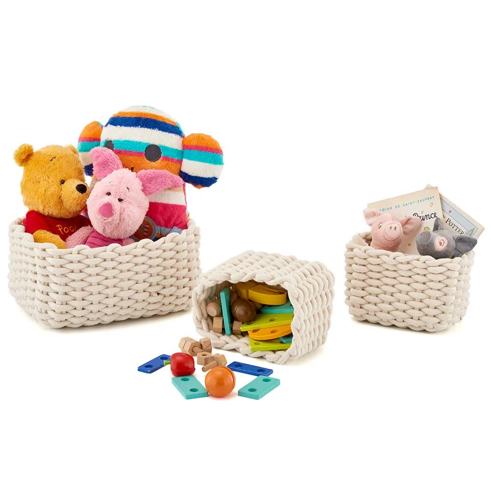 EZOWare Panier de Rangement en Corde de Coton, Boîte de Rangement, Organiseur de Placard pour Bureau, Salle de Bain, Chambre de bébé – Lot de 3 ivoire,