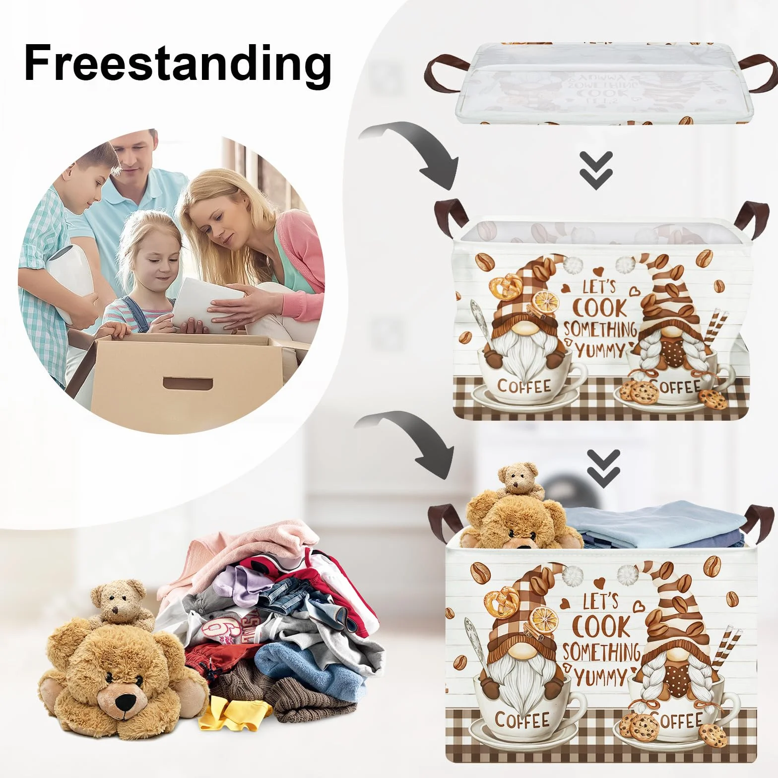 Grand Panier Rangement Décoration Cuisine Outils pour Garçon Fille Repliable Paniers à Linge Jouets Vêtements pour Salle de Bain Chambre à Coucher, Gnome Café, 36L