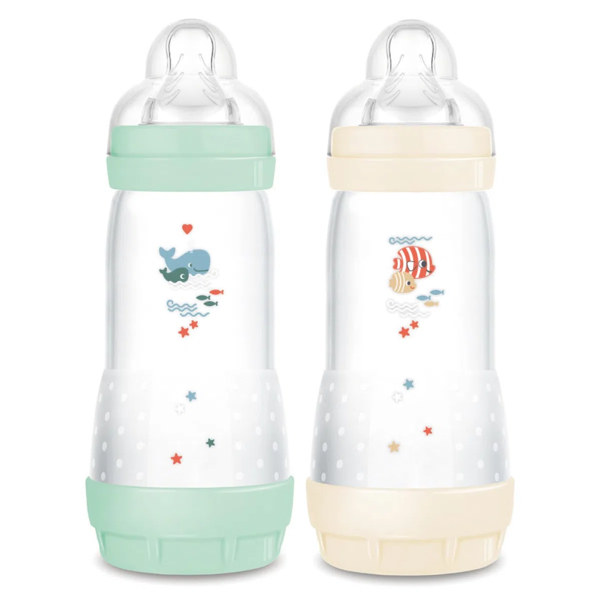 MAM | Lot de 2 biberons Easy Start Anti-Colique 4+ mois débit rapide (2 x 320 ml) Menthe + Coton – Biberon pour réduire les coliques et l'inconfort de bébé – Biberon bébé compatible avec l'allaitement