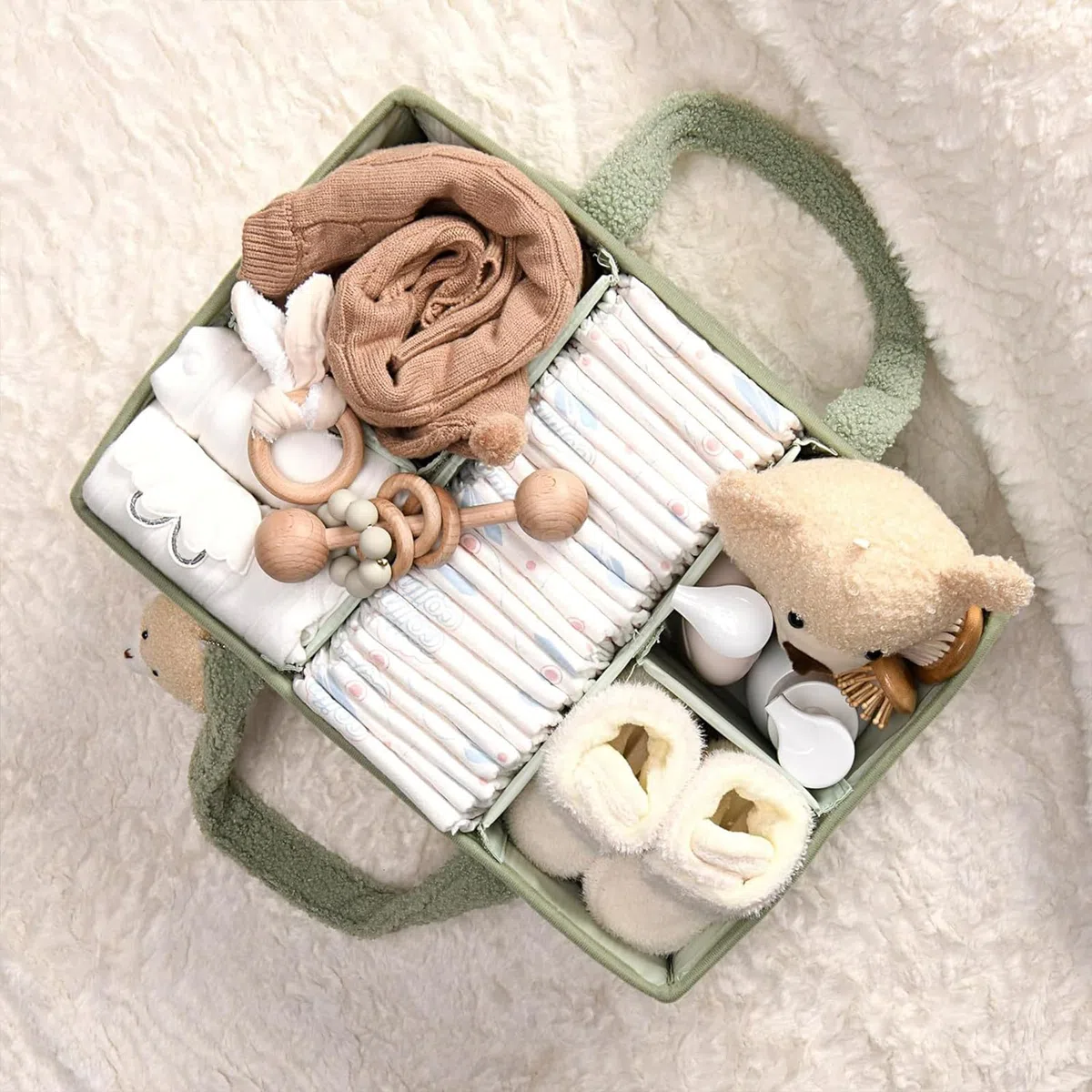 Panier Rangement Bébé, Panier De Rangement Bebe à Langer Portable, Organisateur Table a Langer Bebe En Peluche Avec Compartiments Interchangeables, Pour Lingettes Humides Et Articles Pour Bébé (Vert)