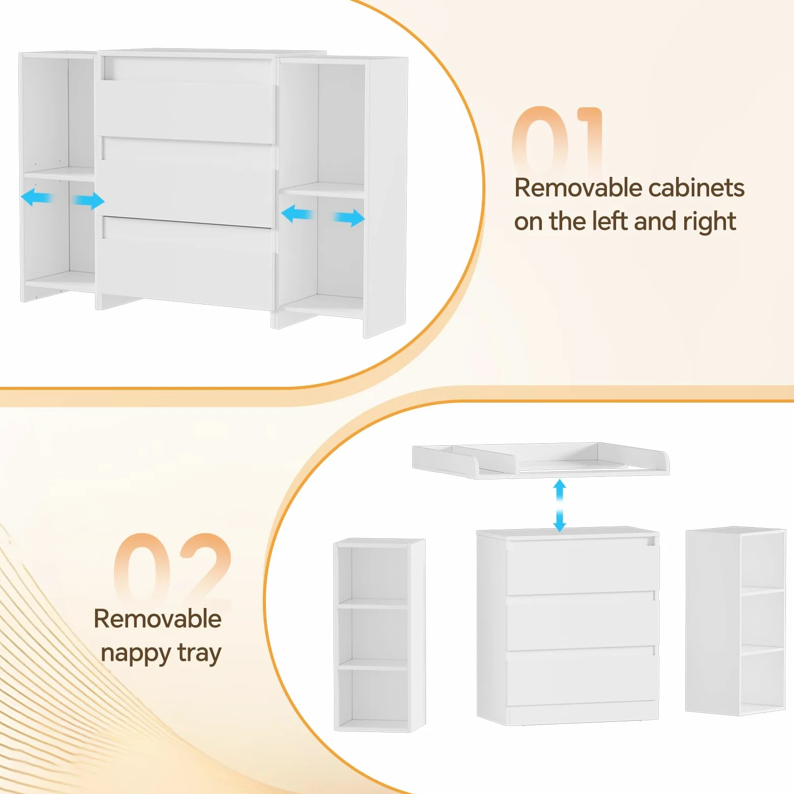 MSFE Table a Langer Bebe,2 et 1 Commode avec Amovible Plan à langer,Compacte Enfant Meuble Tables à Langer avec 3 Tiroirs et 6 Ouverts,Convient pour une Chambre d'enfant,73x70x78cm/113x32x70cm,Blanc