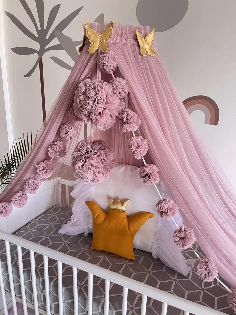 Fancyroom Berceau princesse avec moustiquaire et auvent latéral Rose foncé