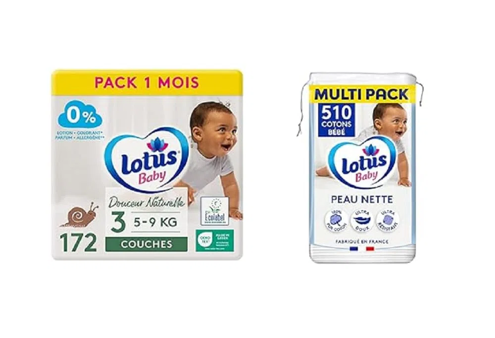 Lot Lotus Baby - Couches Taille 3 (5-9 kg) Pack 1 mois - 172 couches + Lotus Baby Peau Nette - Cotons bébé - 510 Cotons