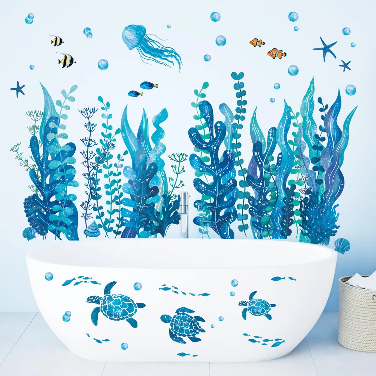 DECOWALL DS12-8084 Stickers muraux Sous La Mer Algues et Créatures Marines Tortues Herbe Marine Méduse Poisson Amovibles Pépinière Vinyle Autocollant Mural pour Chambre Salle de Bain Salon