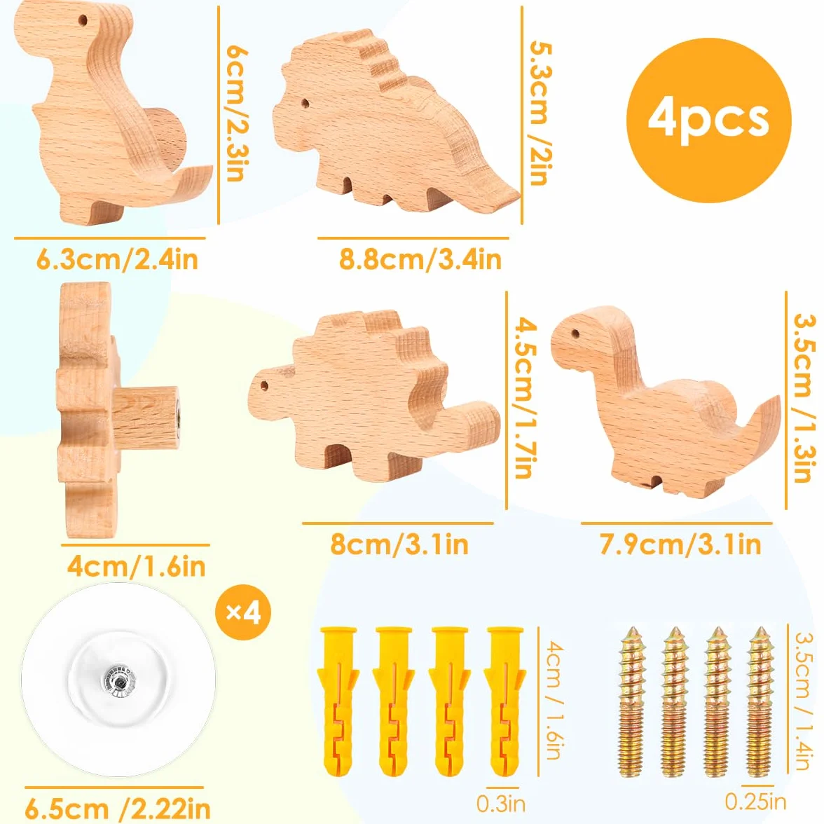 Lot de 4 crochets muraux en bois pour enfants - Motif dinosaure - Auto-adhésifs - Sans perçage - Pour manteau et bonnet
