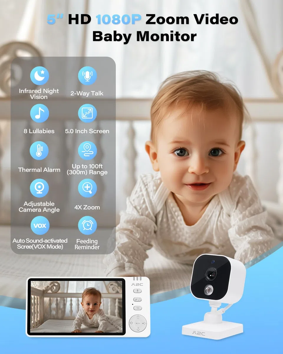 A2C - Caméra de voiture pour bébé, 5 pouces HD 1080P Babyphone avec vision nocturne et mode VOX, moniteur de siège arrière pour siège arrière et maison, portée de 304,8 m