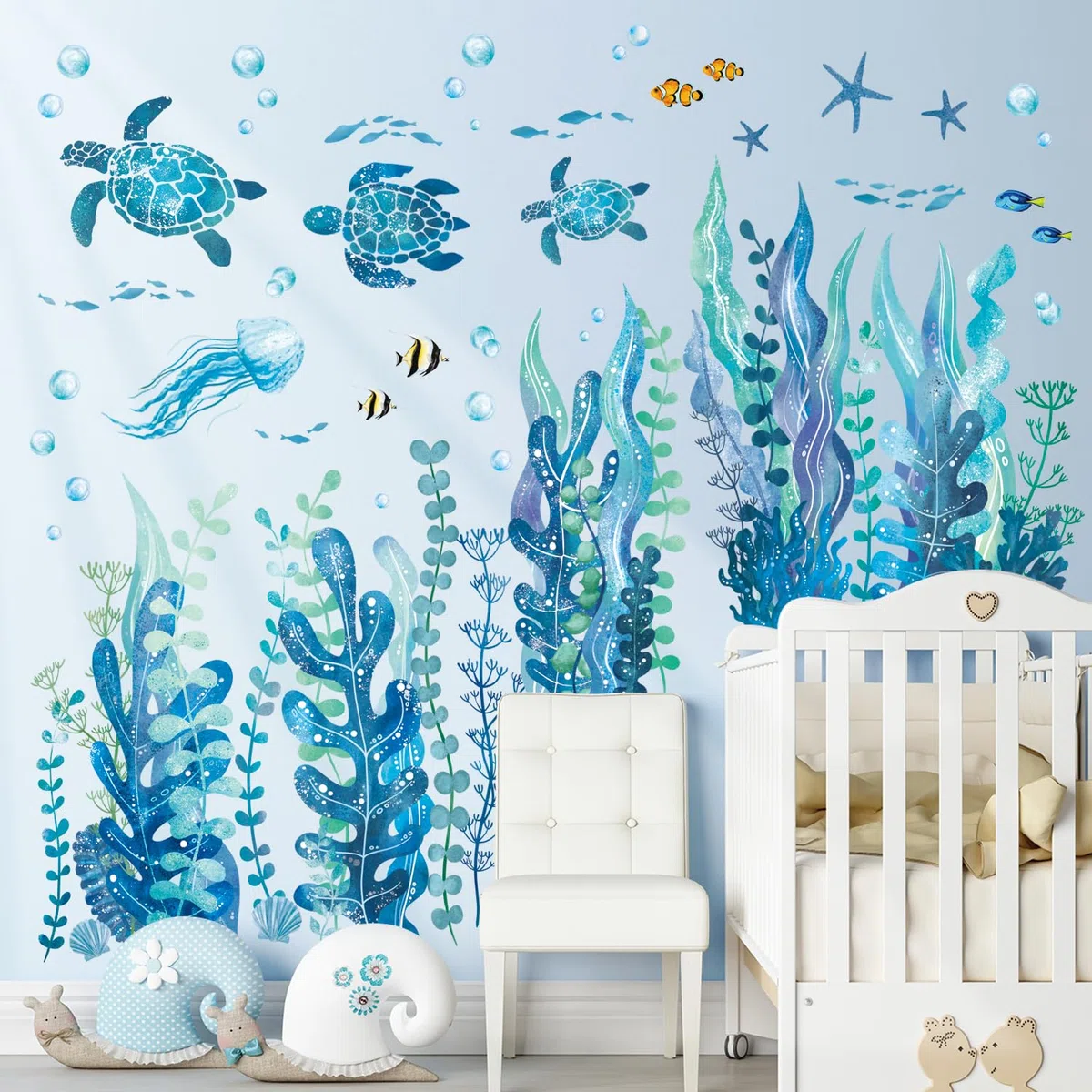 DECOWALL DS12-8084 Stickers muraux Sous La Mer Algues et Créatures Marines Tortues Herbe Marine Méduse Poisson Amovibles Pépinière Vinyle Autocollant Mural pour Chambre Salle de Bain Salon