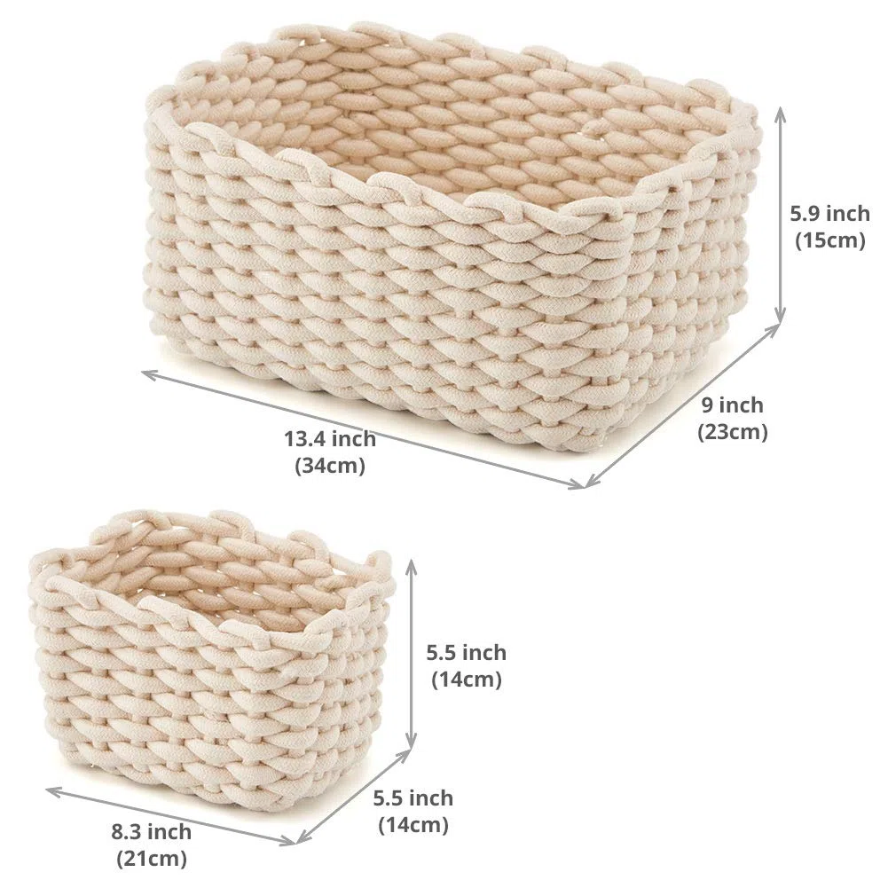 EZOWare Panier de Rangement en Corde de Coton, Boîte de Rangement, Organiseur de Placard pour Bureau, Salle de Bain, Chambre de bébé – Lot de 3 ivoire,