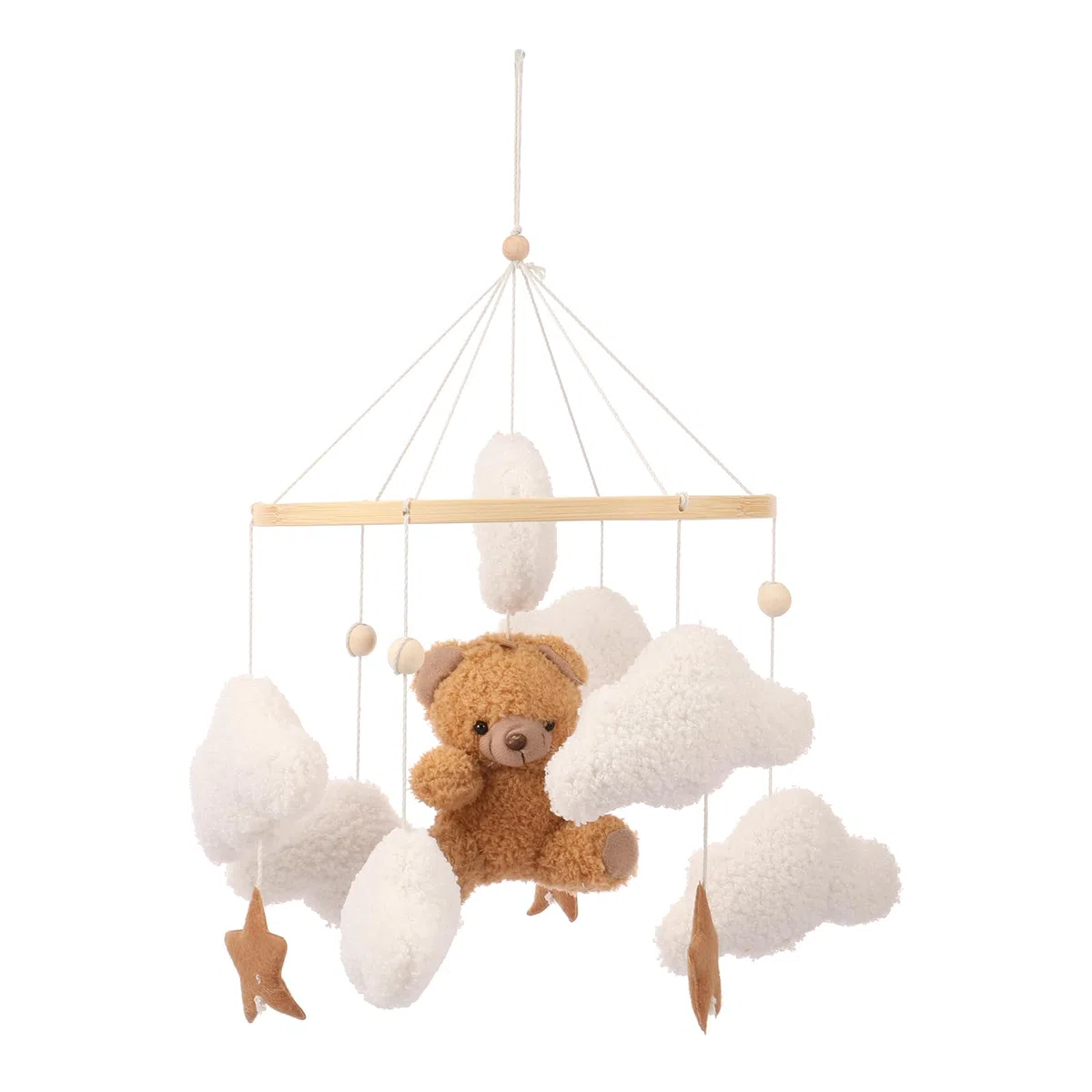 Cloche de lit mobile en bois pour bébé avec ours, étoiles, nuages, lunes, mobile pour cadeau fille garçon (marron)
