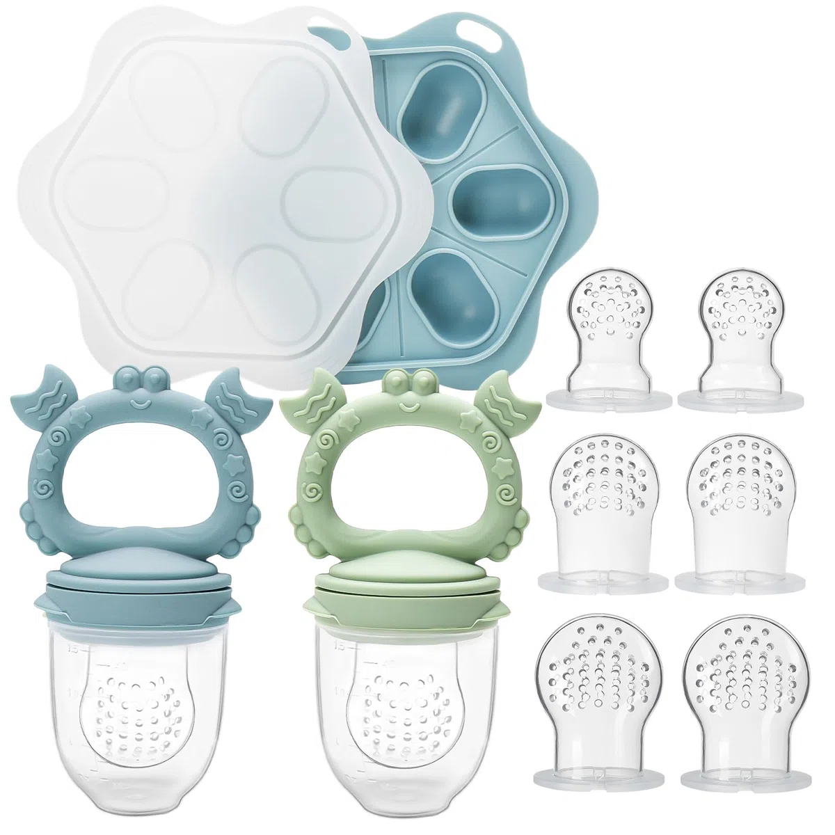 Tetine Grignoteuse Bébé, Sucette Fruit pour Bebe, Livré avec 2 récipients de conservation pour aliments pour bébé, Inclut 3 Tailles de Tétines, Jouets de dentition pour Bébés de 3-24 Mois Sans BPA