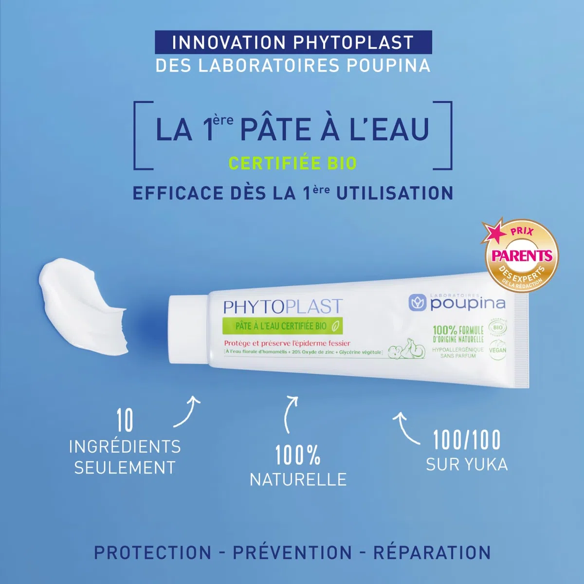 POUPINA Phytoplast Pâte à l’Eau Bio. Soin Bébé 100% Naturel - Prévention et Protection Rougeurs du Siège. Hypoallérgenique, Vegan, 65g