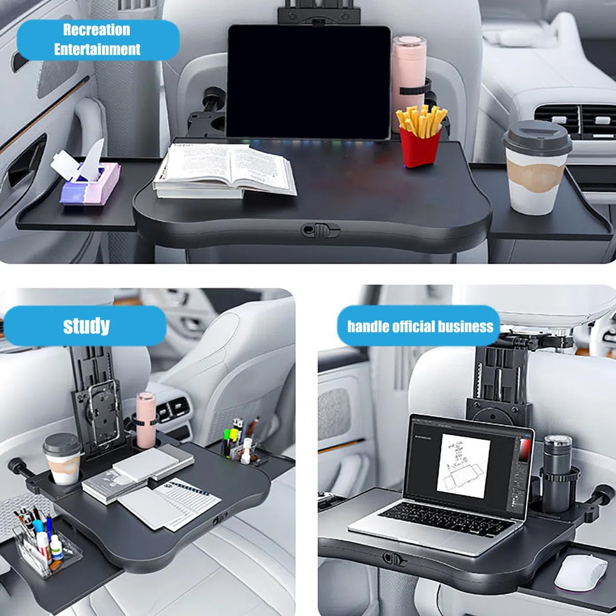 Plateau Pliable Dossier de Siège Voiture, Plateau de Voyage avec Porte-Gobelet Table de Plateau de Siège Arrière de Voiture avec Tapis Antidérapant