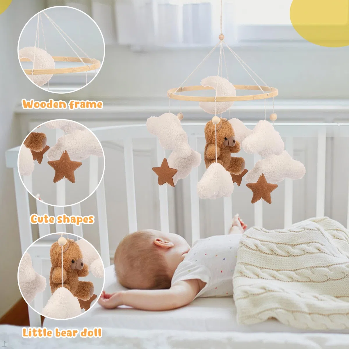 Cloche de lit mobile en bois pour bébé avec ours, étoiles, nuages, lunes, mobile pour cadeau fille garçon (marron)