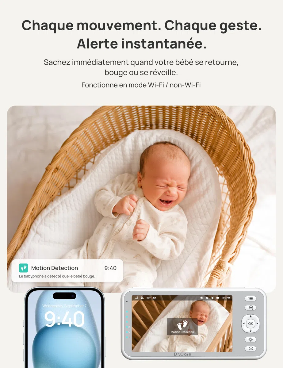 Dr.Care Babyphone Camera WiFi 1080p, 5", Alertes Mouvement, Support à Pince