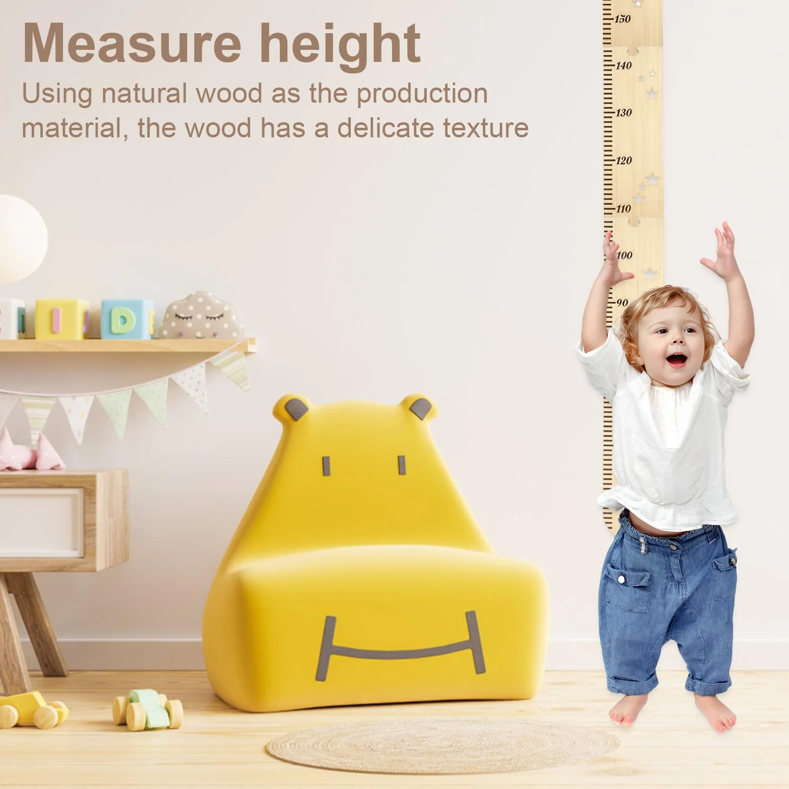 Toise en Bois pour Enfants, Règle à Mesurer Pliable avec Sac de Rangement en Toile (27x42 cm), pour Chambre d'Enfant, Décoration Sticker Murale, Cadeau de Naissance, Baptême ou Anniversaire(200cm)