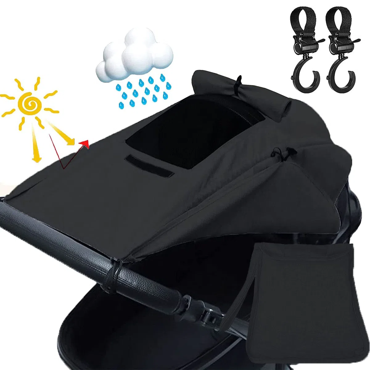 Pare soleil poussette,Poussette protection soleil,Anti uv poussette,Clip Poussette Universel,Crochets Rotatifs pour Poussette,Anti UV UPF50,étanche,pour Nacelle,Landau,（Noir + 2 crochets）