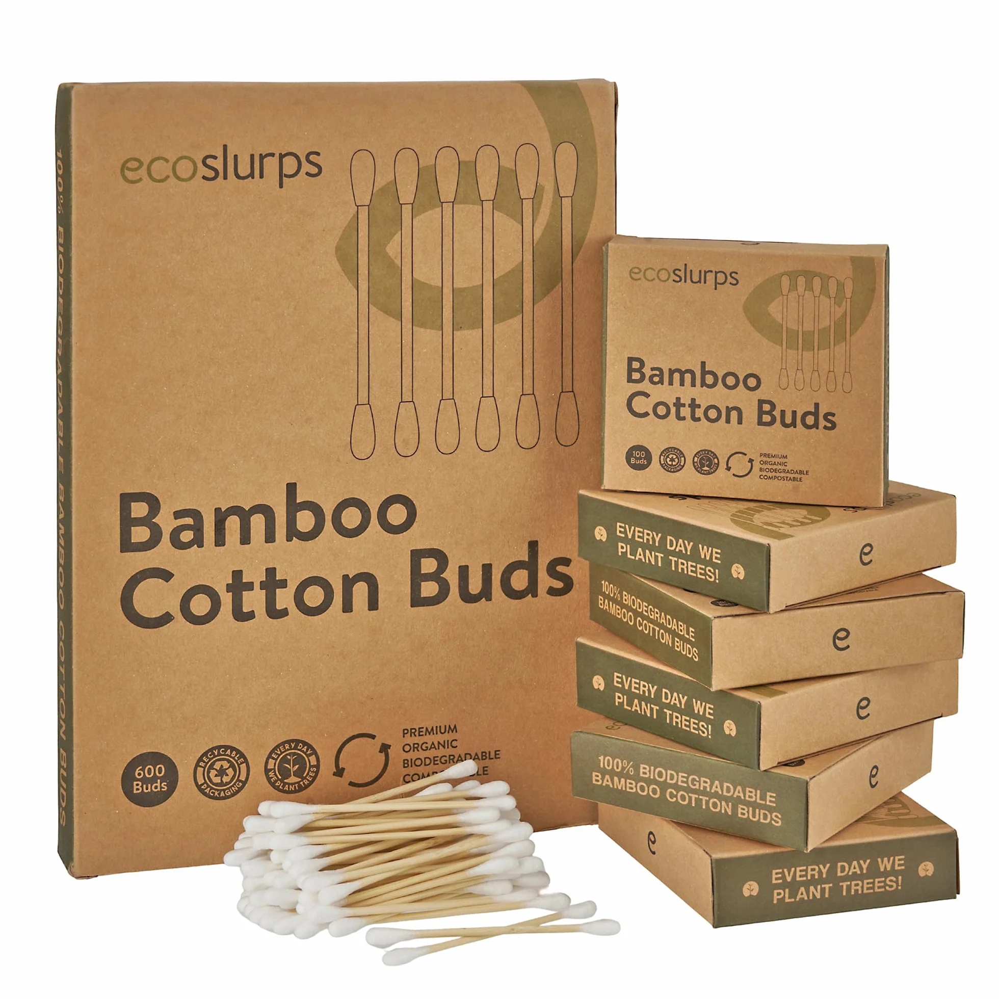 EcoSlurps 600 Cotons-tiges en bambou - biodégradable qips, swabs & tampons de coton (600, White)