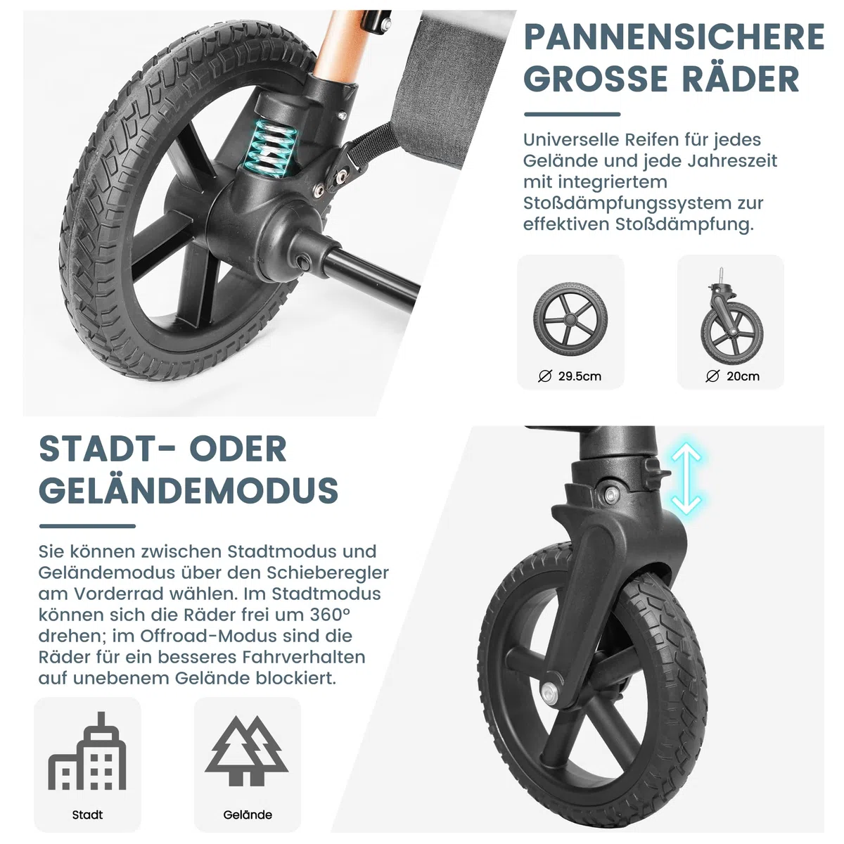 Nacelle 2 en 1 réversible, pliable, absorption des chocs tout-terrain (gris