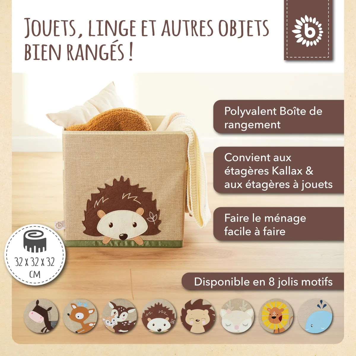 BIECO Boîte de Rangement pour Enfant - Motif hérisson - Environ 36 l - Pliable - Jolie boîte pour Jouets Kallax Rangement de Jouets pour Enfants - Boîte de Rangement 33 x 33 x 33 cm - Kallax
