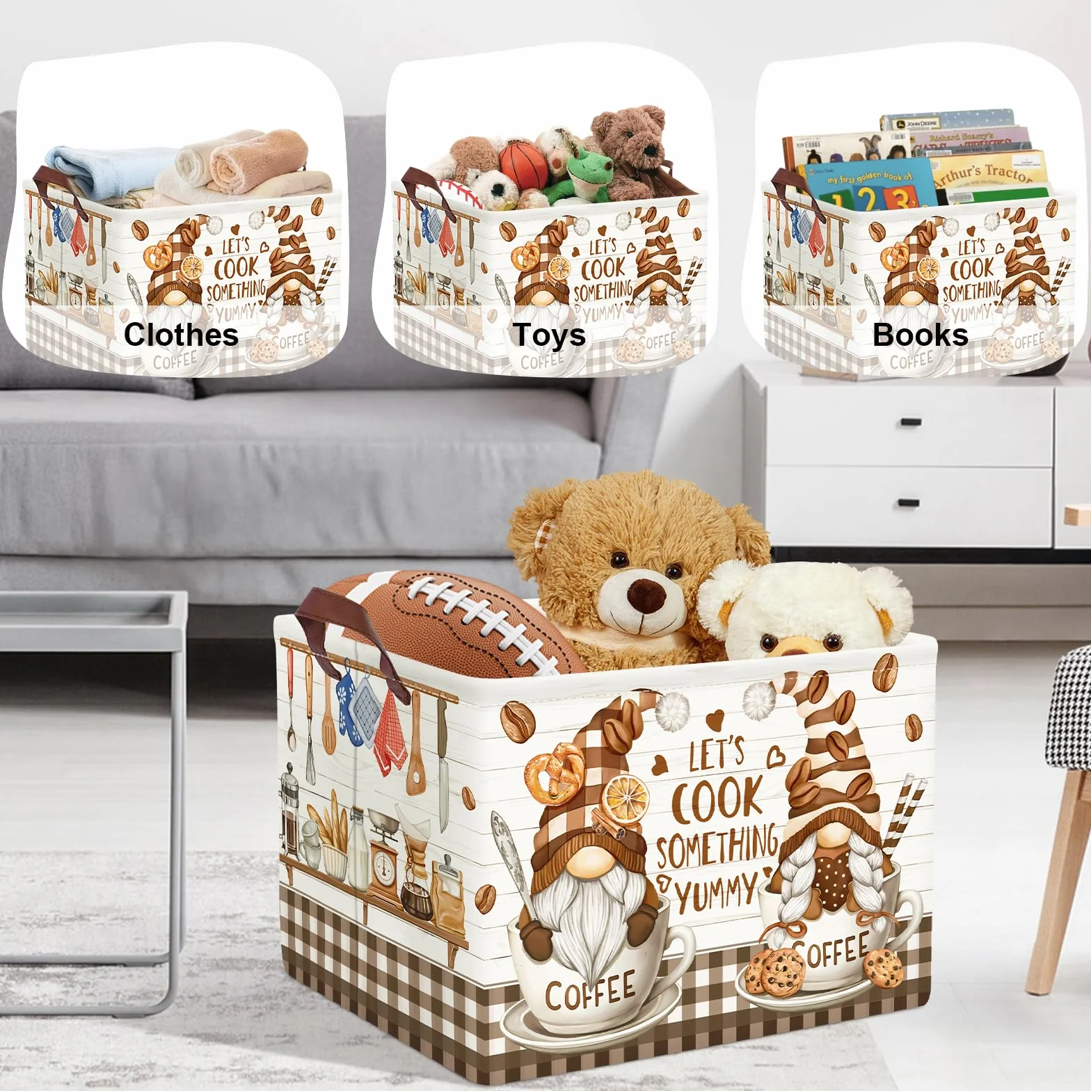 Grand Panier Rangement Décoration Cuisine Outils pour Garçon Fille Repliable Paniers à Linge Jouets Vêtements pour Salle de Bain Chambre à Coucher, Gnome Café, 36L