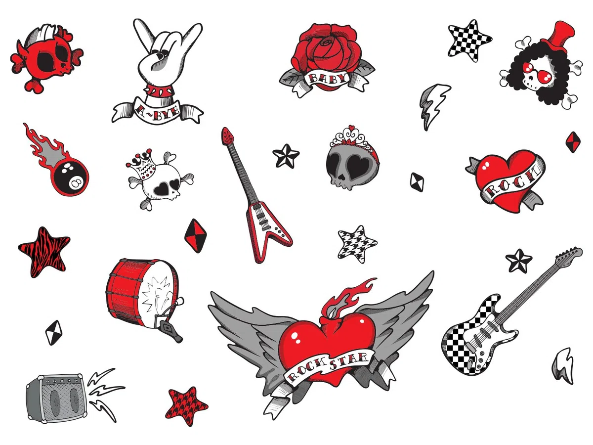 Rock Star Stickers muraux en tissu pour garçons – Taille Jumbo – Guitares, crânes, cœur, étoiles, batterie et plus encore