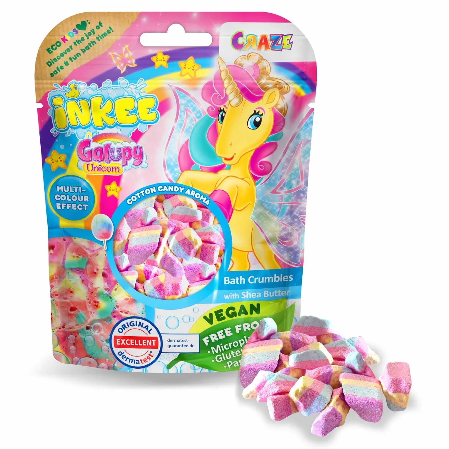 INKEE Galupy Unicorn Lot de 6 sachets de sels de bain pour enfants de 100 g avec 4 couches de couleurs - Arôme barbe à papa et beurre de cacao
