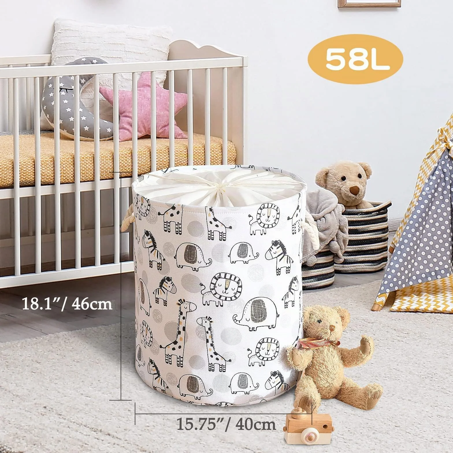 Panier à Linge pour Enfants, Panier de Bébé pour la Pépinière, 58L Panier Imperméable en Toile pour Vêtements de Bébé, Panier à Jouets pour Garçons, Panier à Linge Pliable (Girafe)