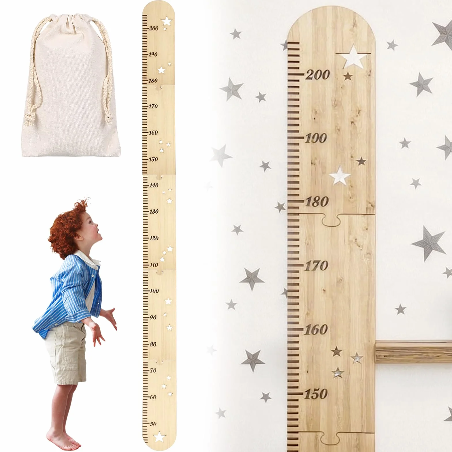 Toise en Bois pour Enfants, Règle à Mesurer Pliable avec Sac de Rangement en Toile (27x42 cm), pour Chambre d'Enfant, Décoration Sticker Murale, Cadeau de Naissance, Baptême ou Anniversaire(200cm)