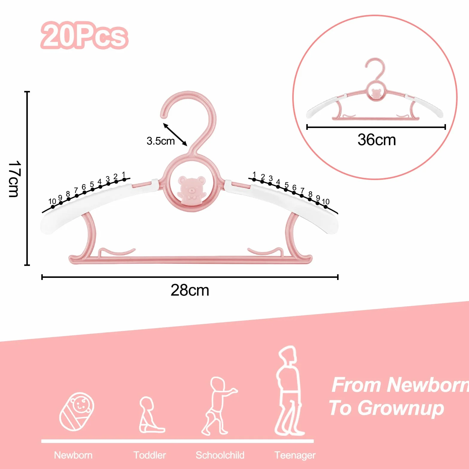 Fousenuk Lot de 20 Cintre Enfant Rose, Cintres Bébé Plastique Antidérapants avec Crochets Empilables Forme d'ours, Cintres pour Enfants Extensibles pour Bébés, Tout-Petits, Enfants
