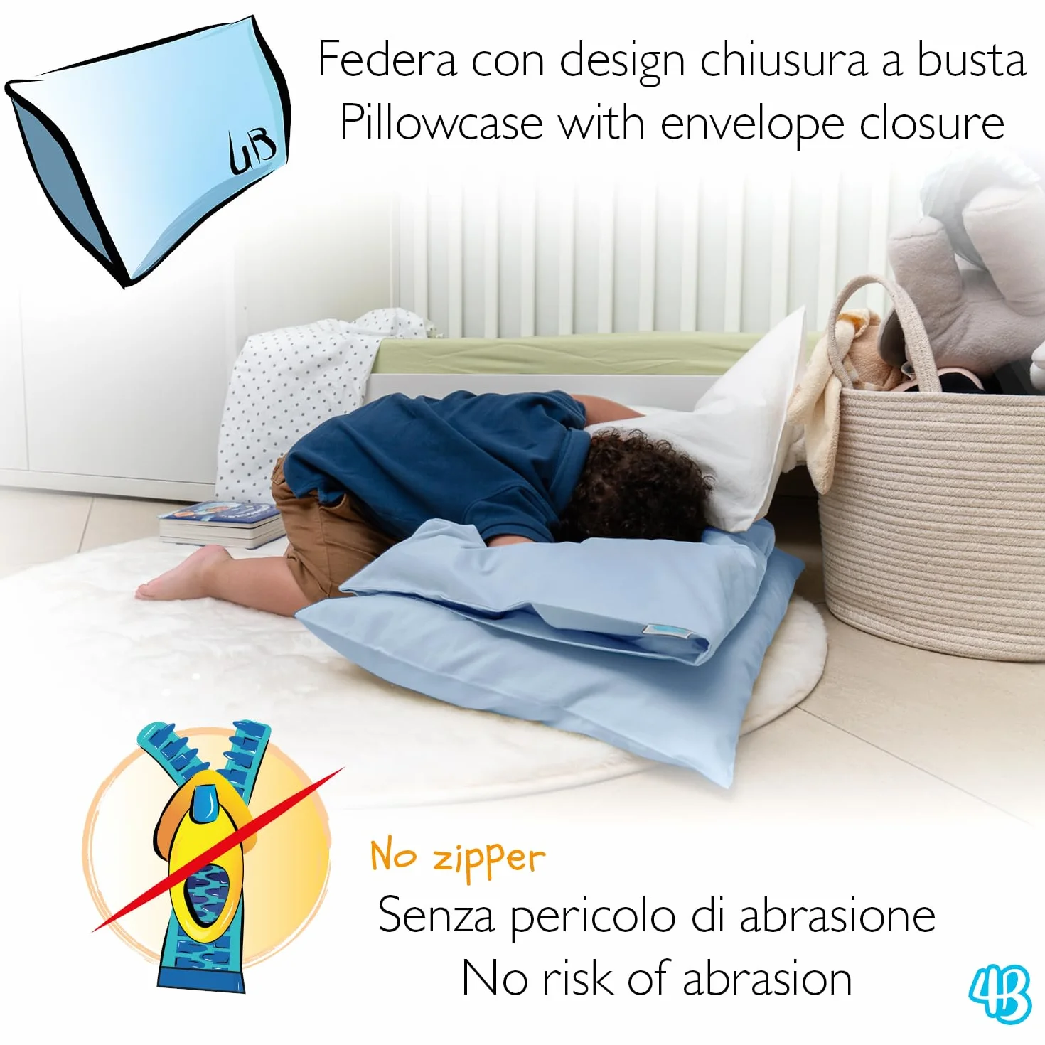 Taie d'oreiller 60x40 cm pour Enfant - Lot de 2 taies d'oreiller pour lit bébé et lit 100% Pur Coton - Made in Italy - Fermeture à enveloppe - Certifié Oeko-TEX - Bleu Clair