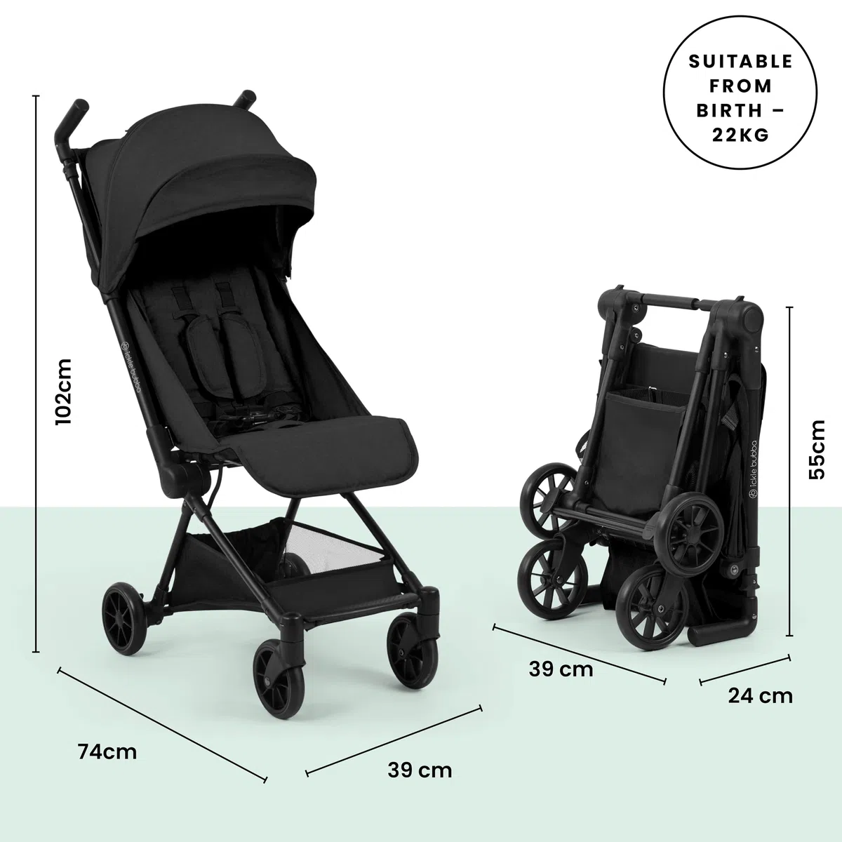 Ickle Bubba Pisces Poussette ultra compacte – Poussette de voyage légère de la naissance à 22 kg, poussette facile à plier avec inclinaison, pare-soleil UPF 50+, repose-mollet réglable et panneau de