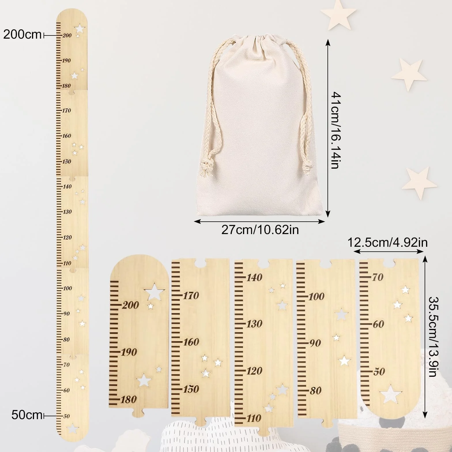 Toise en Bois pour Enfants, Règle à Mesurer Pliable avec Sac de Rangement en Toile (27x42 cm), pour Chambre d'Enfant, Décoration Sticker Murale, Cadeau de Naissance, Baptême ou Anniversaire(200cm)