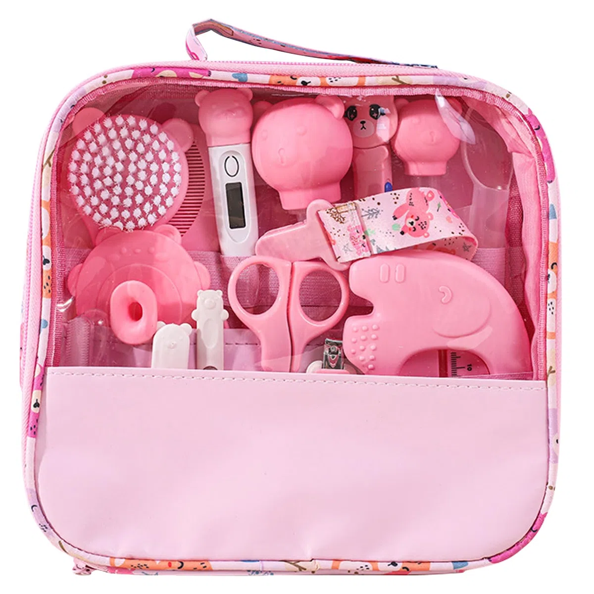 Liemuao Trousse de Soin Bebe Naissance, Kit de 15 Accessoires dont Brosse à Cheveux, Thermomètre digital, Thermomètre de bain, Petit Coupe Ongles, Trousse de Toilette Bébé pour Voyage Maison (Rose)