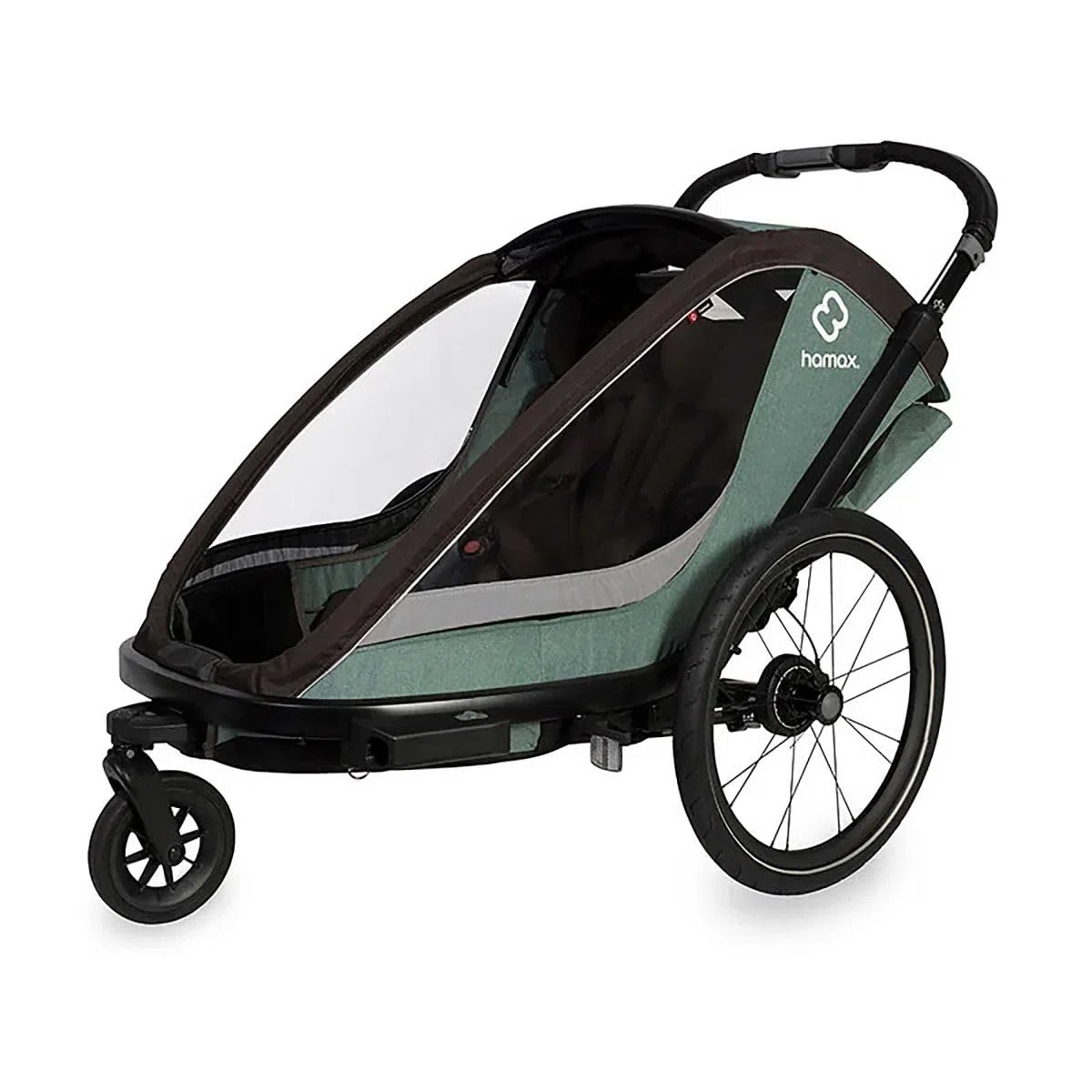 Hamax - Remorque Cocoon 2 Places - Sièges Inclinables - Grandes Fenêtres - Fixation Vélo ou Poussette - Cadre Aluminium Léger - Guidon Cuir Vegan - Suspension Ajustable