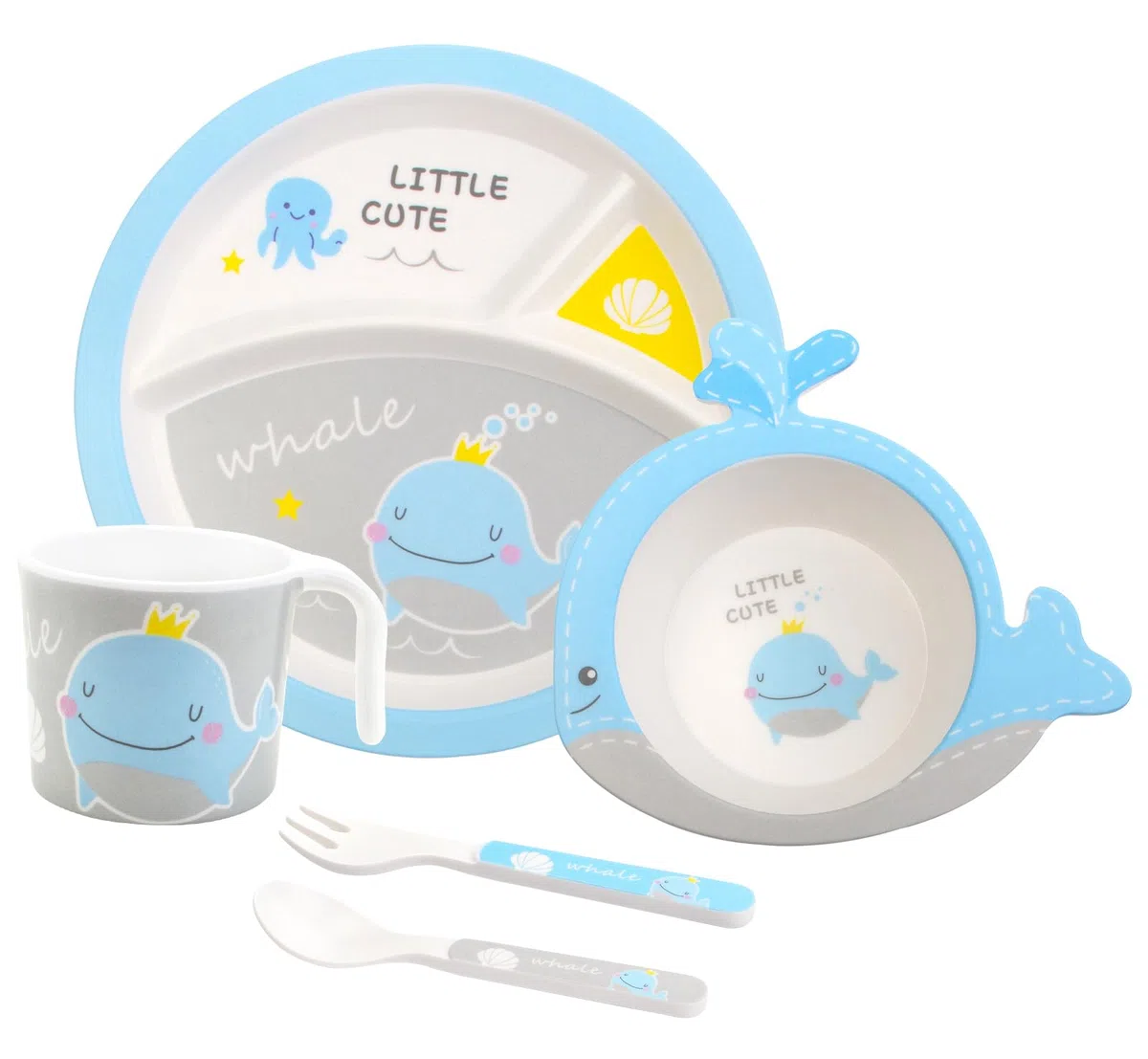 Assiettes Service de Table - Service de table pour Enfants - Comprend assiette, bol, tasse, fourchette et cuillère, ustensiles de cuisine, Sans BPA (Baleine)