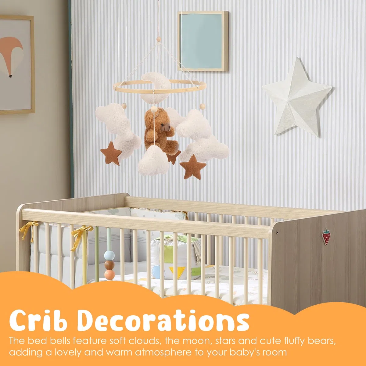 Cloche de lit mobile en bois pour bébé avec ours, étoiles, nuages, lunes, mobile pour cadeau fille garçon (marron)