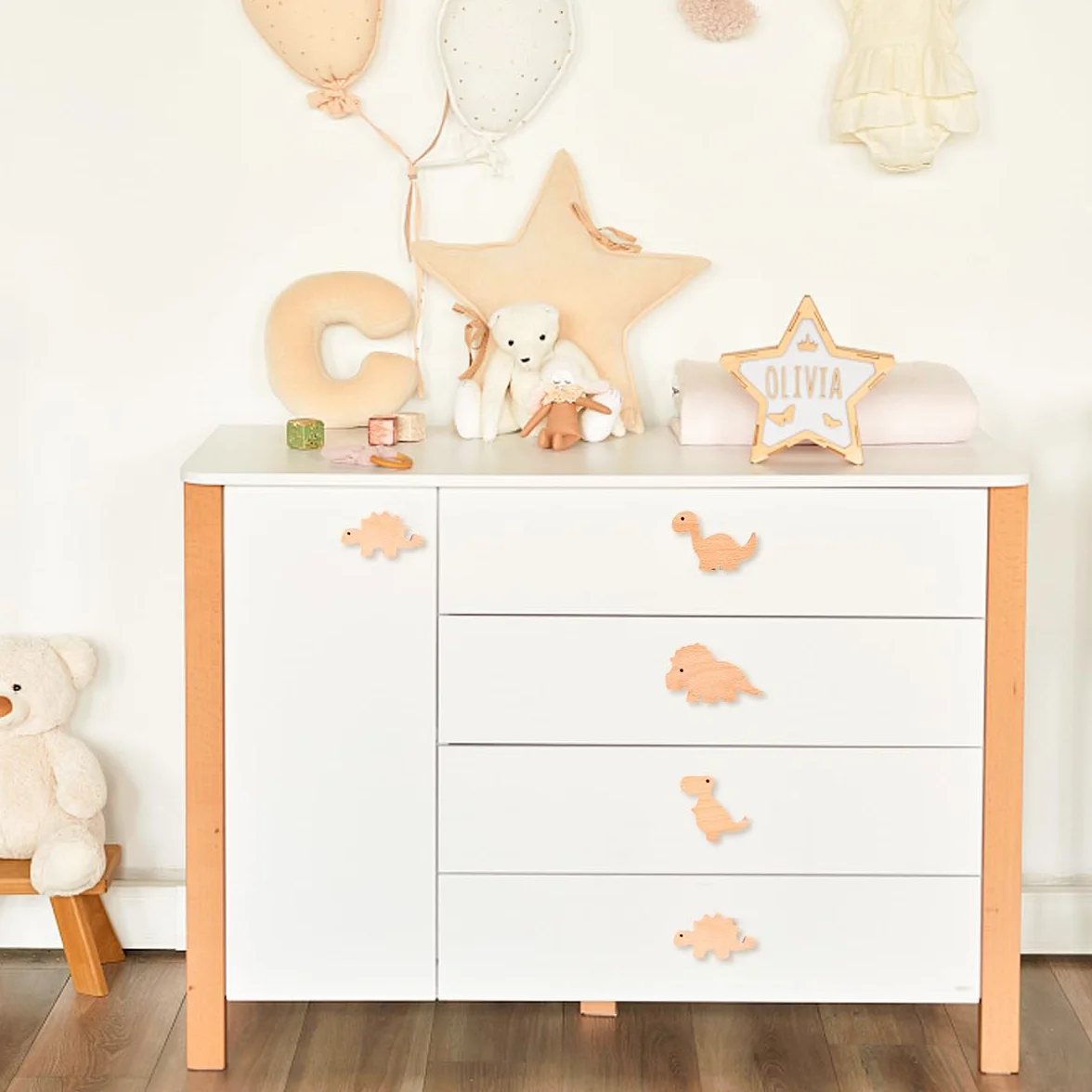 Lot de 4 crochets muraux en bois pour enfants - Motif dinosaure - Auto-adhésifs - Sans perçage - Pour manteau et bonnet