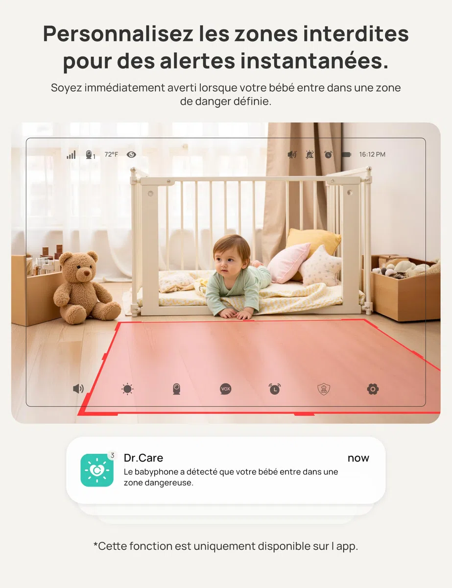 Dr.Care Babyphone Camera WiFi 1080p, 5", Alertes Mouvement, Support à Pince