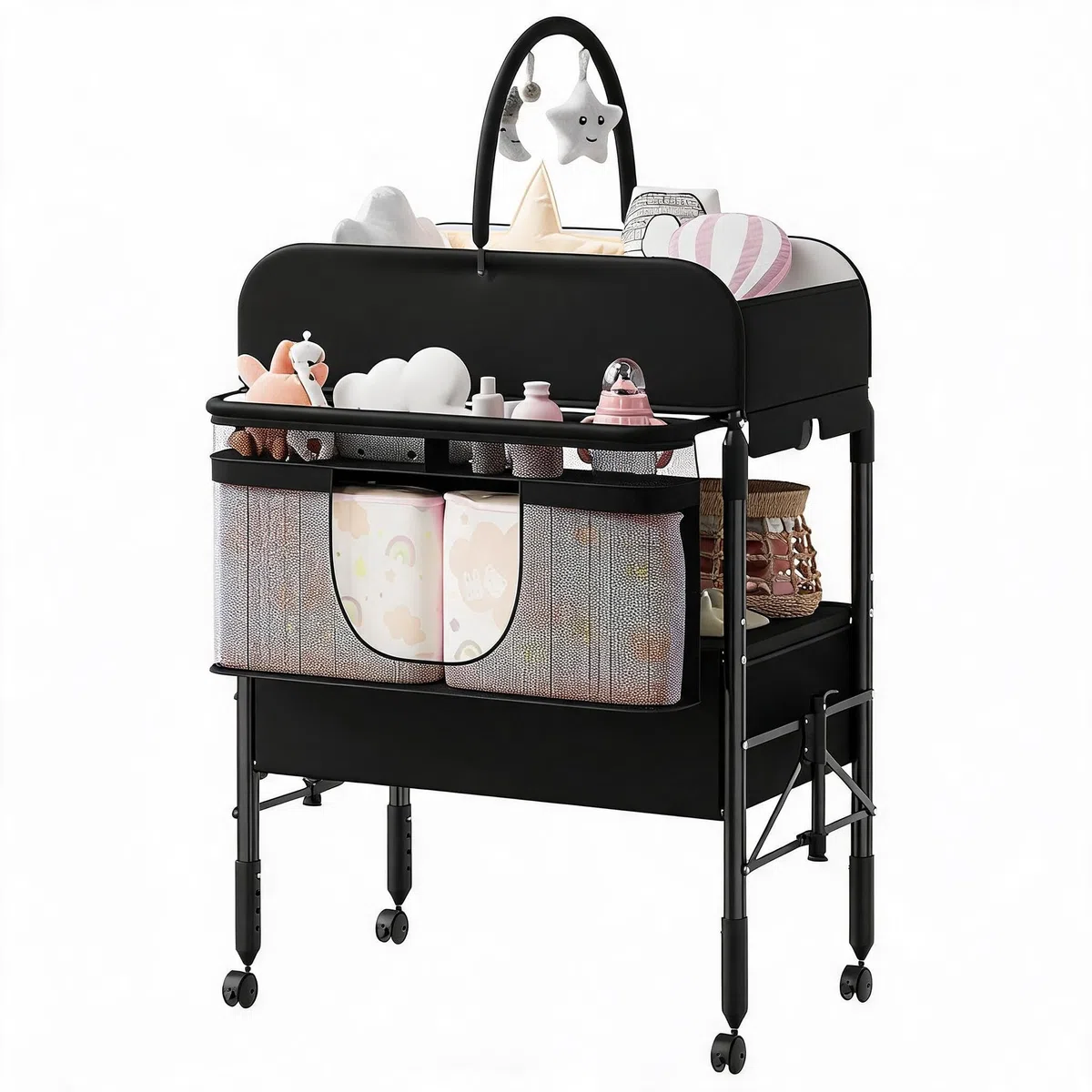 Zstar Table à Langer Pliable Bébé Portable Sur Roulettes, Hauteur Réglable