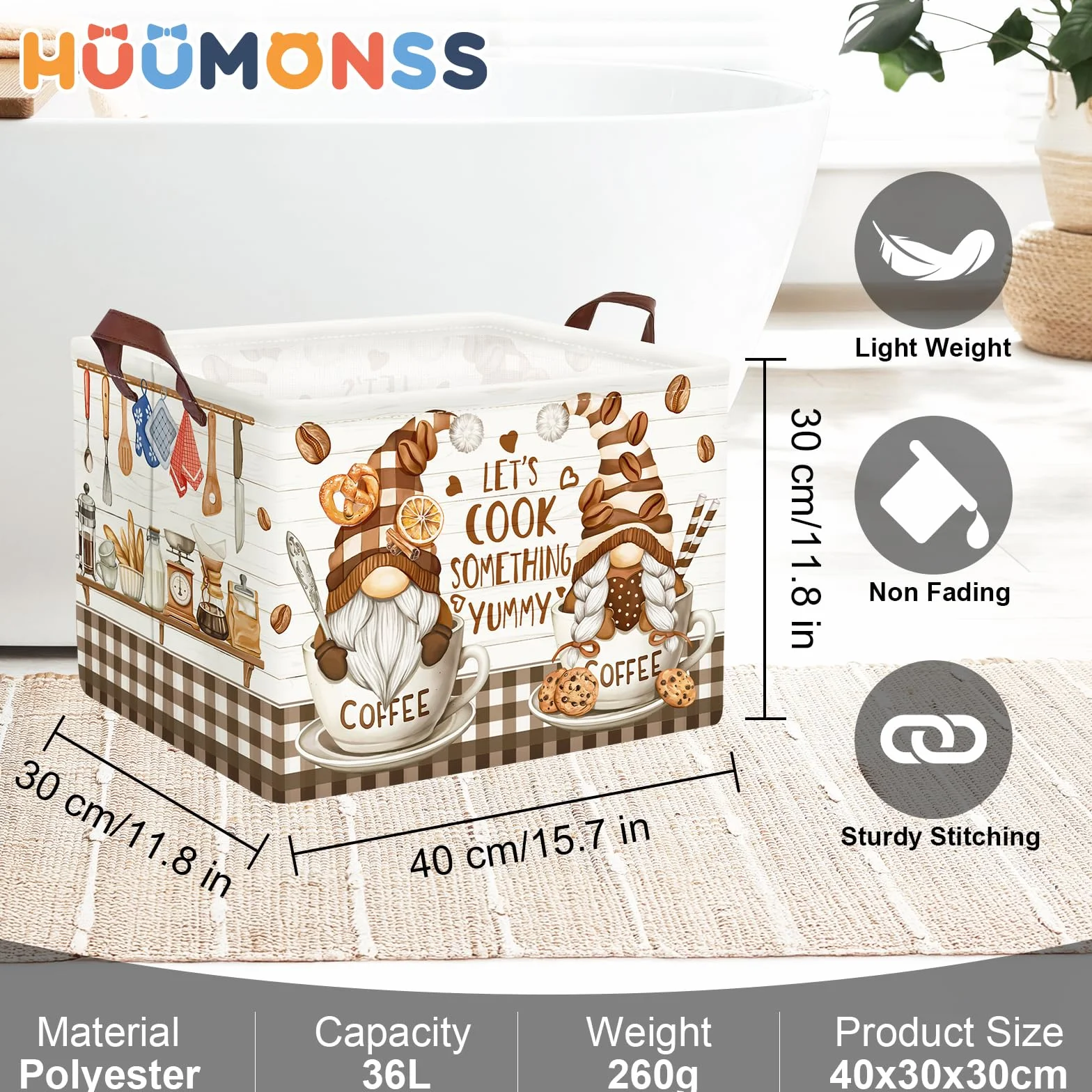 Grand Panier Rangement Décoration Cuisine Outils pour Garçon Fille Repliable Paniers à Linge Jouets Vêtements pour Salle de Bain Chambre à Coucher, Gnome Café, 36L