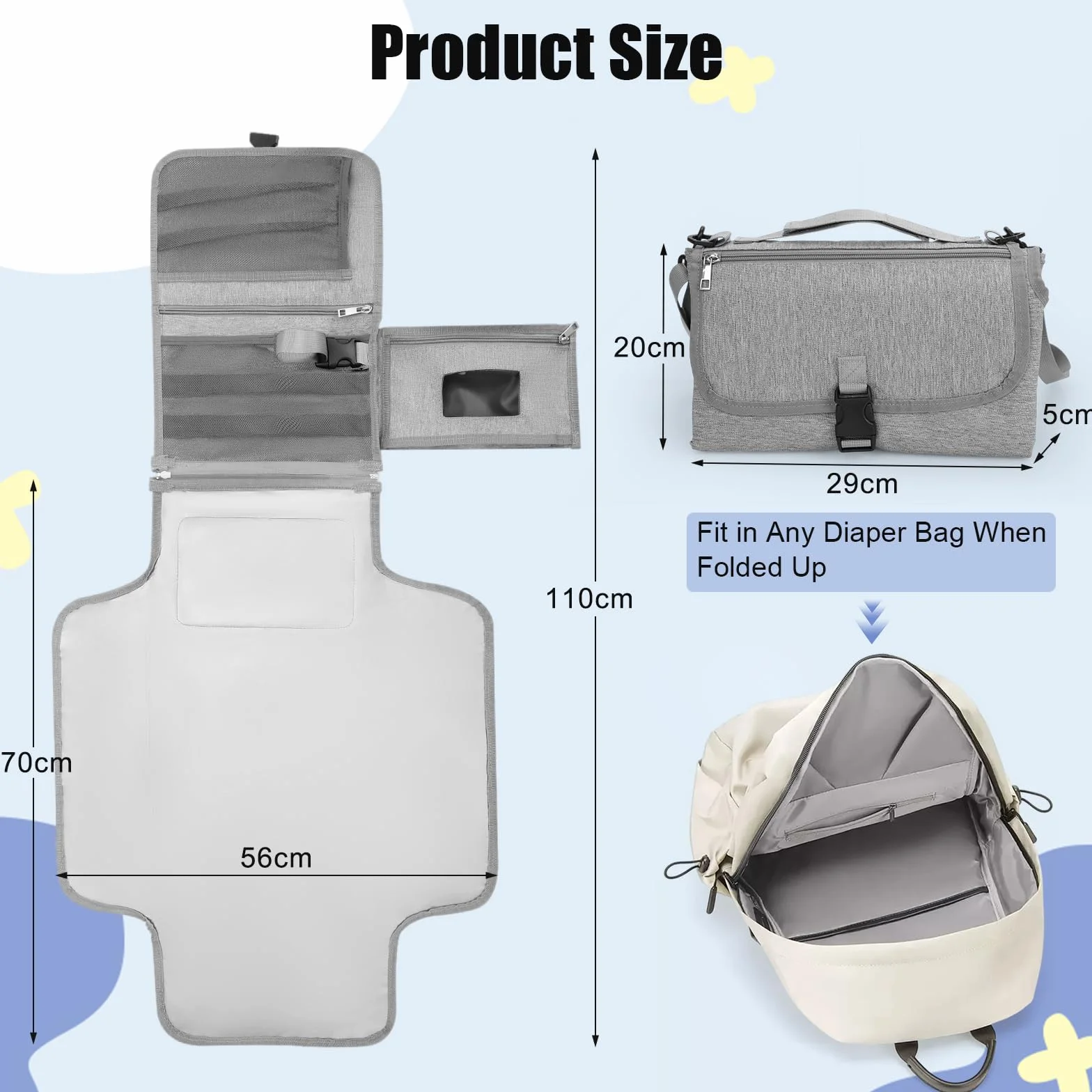 Romon Matelas À Langer, Tapis De Change, Sac À Langer De Voyage Portable Et Imperméable, Pliable Couche Changer Mat, Tapis Bag Compact Pour Maison Extérieur Voyage, 70x56cm, Gris