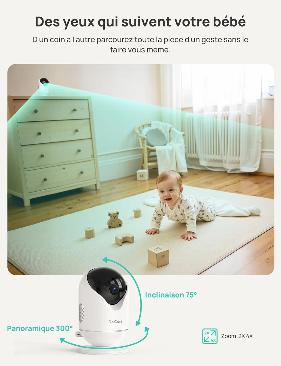 Dr.Care Babyphone Camera WiFi 1080p, 5", Alertes Mouvement, Support à Pince