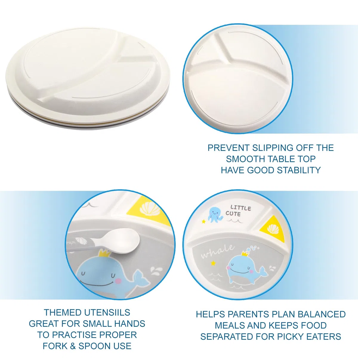 Assiettes Service de Table - Service de table pour Enfants - Comprend assiette, bol, tasse, fourchette et cuillère, ustensiles de cuisine, Sans BPA (Baleine)